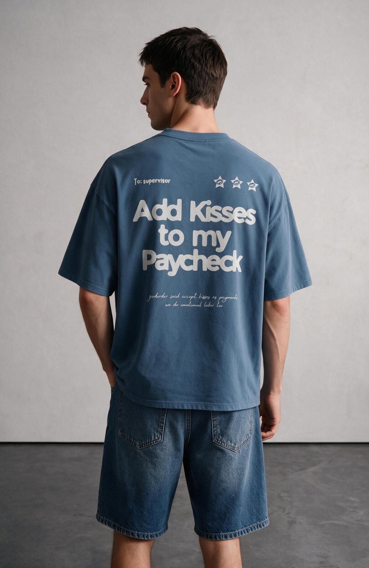 Add Kisses to My Paycheck oversized T-shirt by Truegods – on model, studio