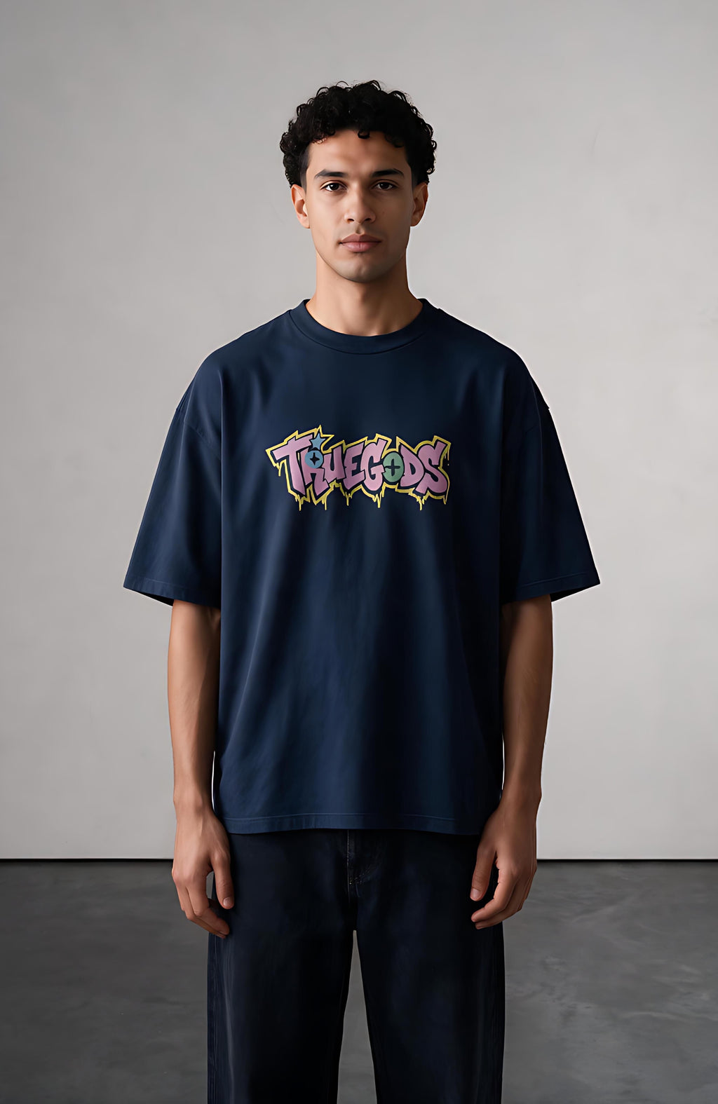 Electric Logo oversized T-shirt by Truegods – on model, studio