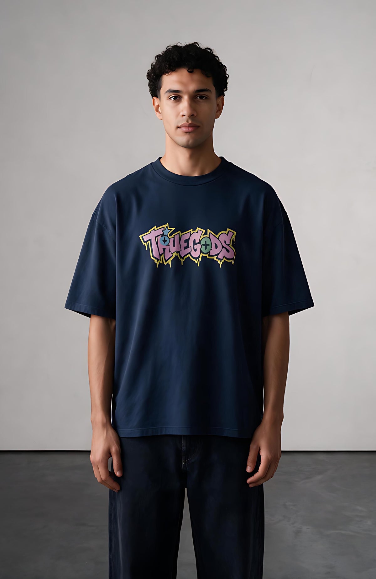Electric Logo oversized T-shirt by Truegods – on model, studio