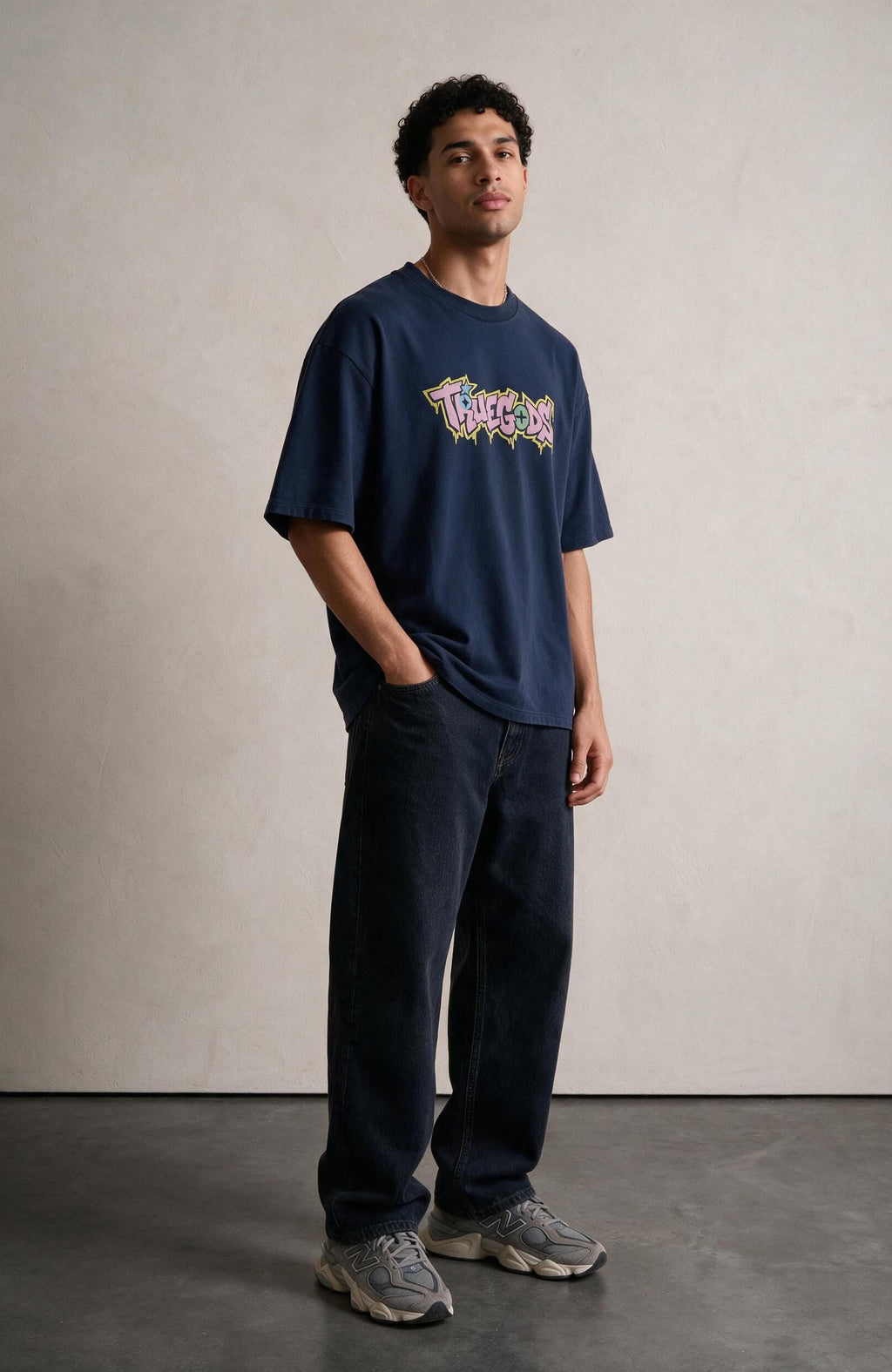 Electric Logo oversized T-shirt by Truegods – on model, full look
