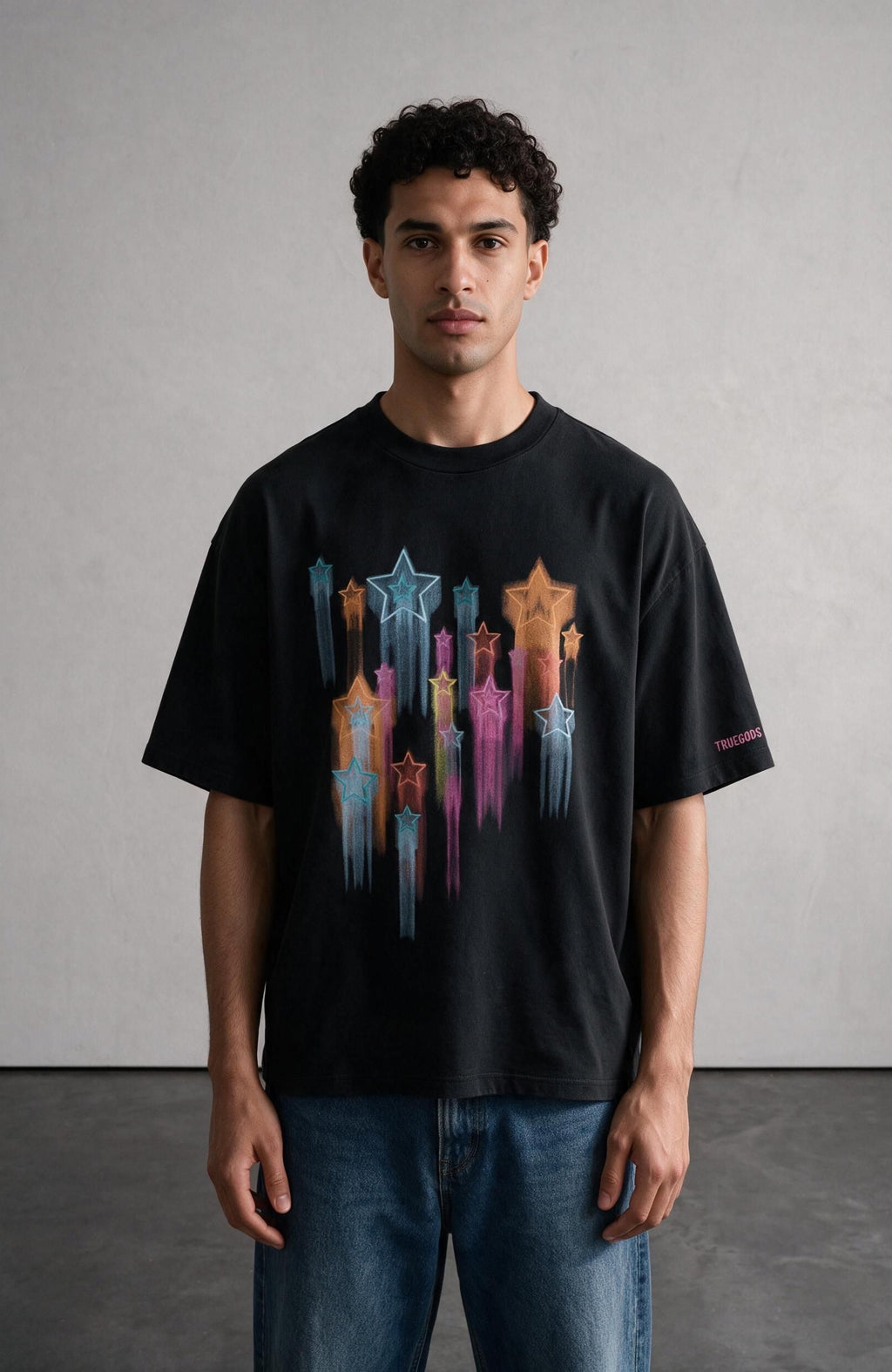 Falling Stars oversized T-shirt by Truegods – on model, studio