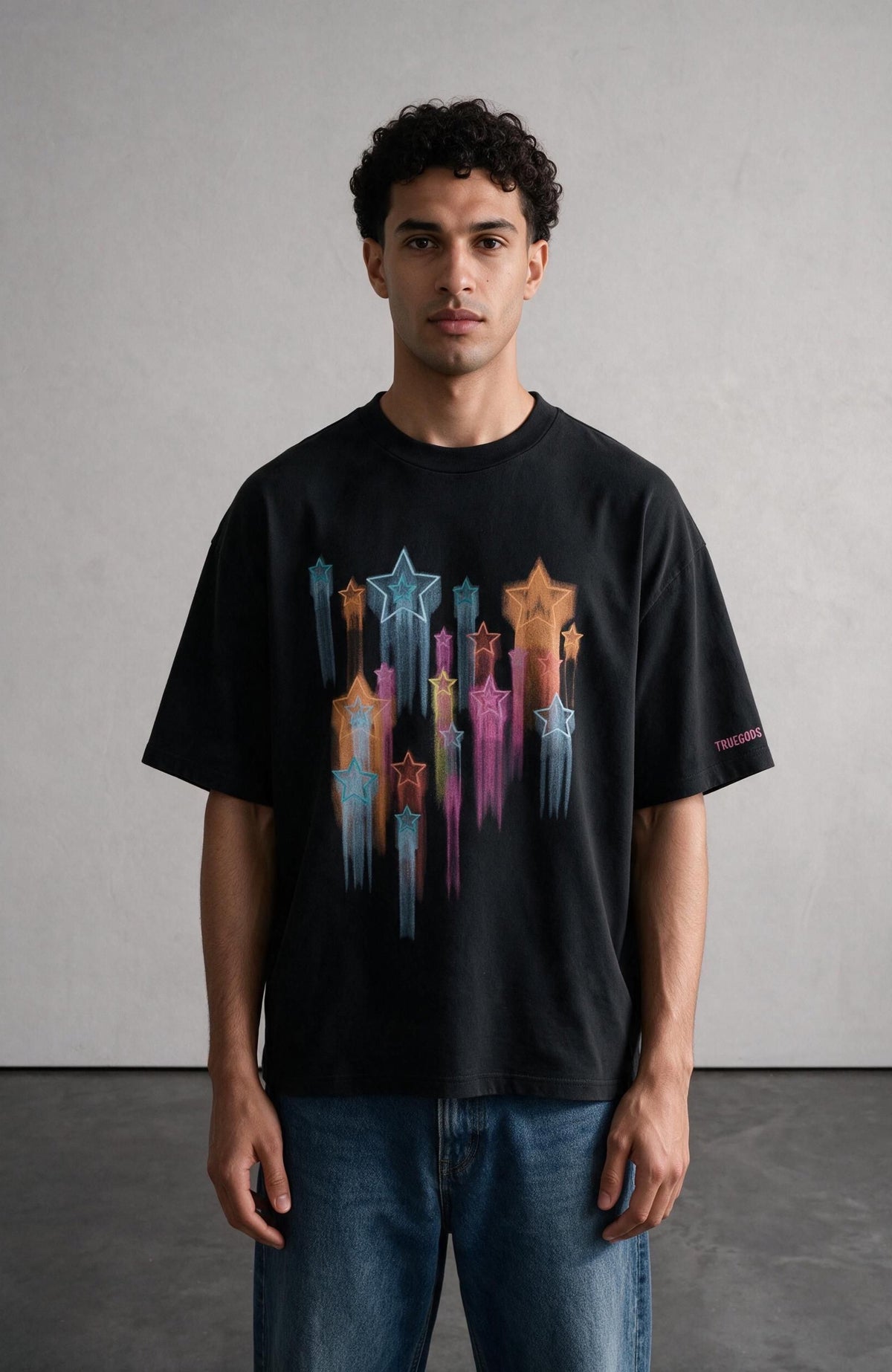 Falling Stars oversized T-shirt by Truegods – on model, studio