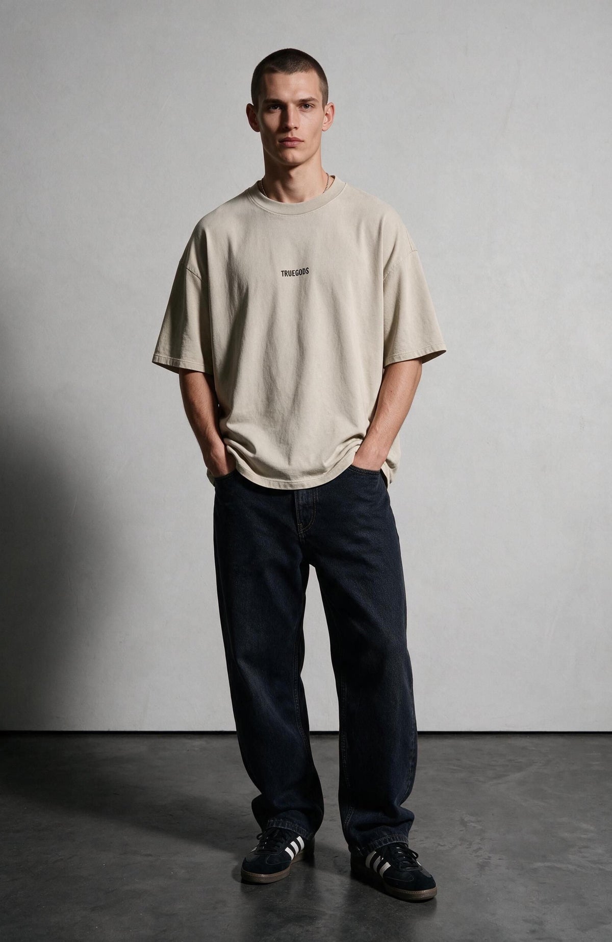 Fleur Crest oversized T-shirt by Truegods – on model, full look