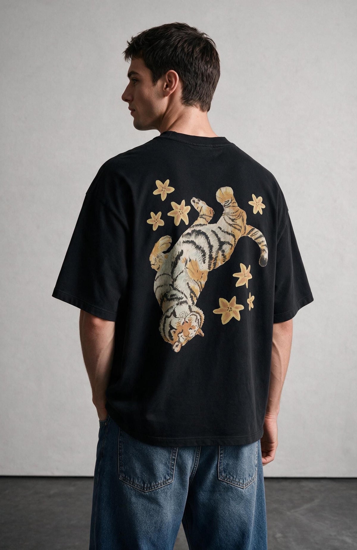 Floating Tiger oversized T-shirt by Truegods – on model, studio