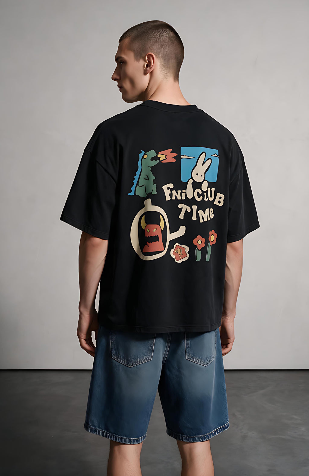 Fni Club oversized T-shirt by Truegods – on model, studio