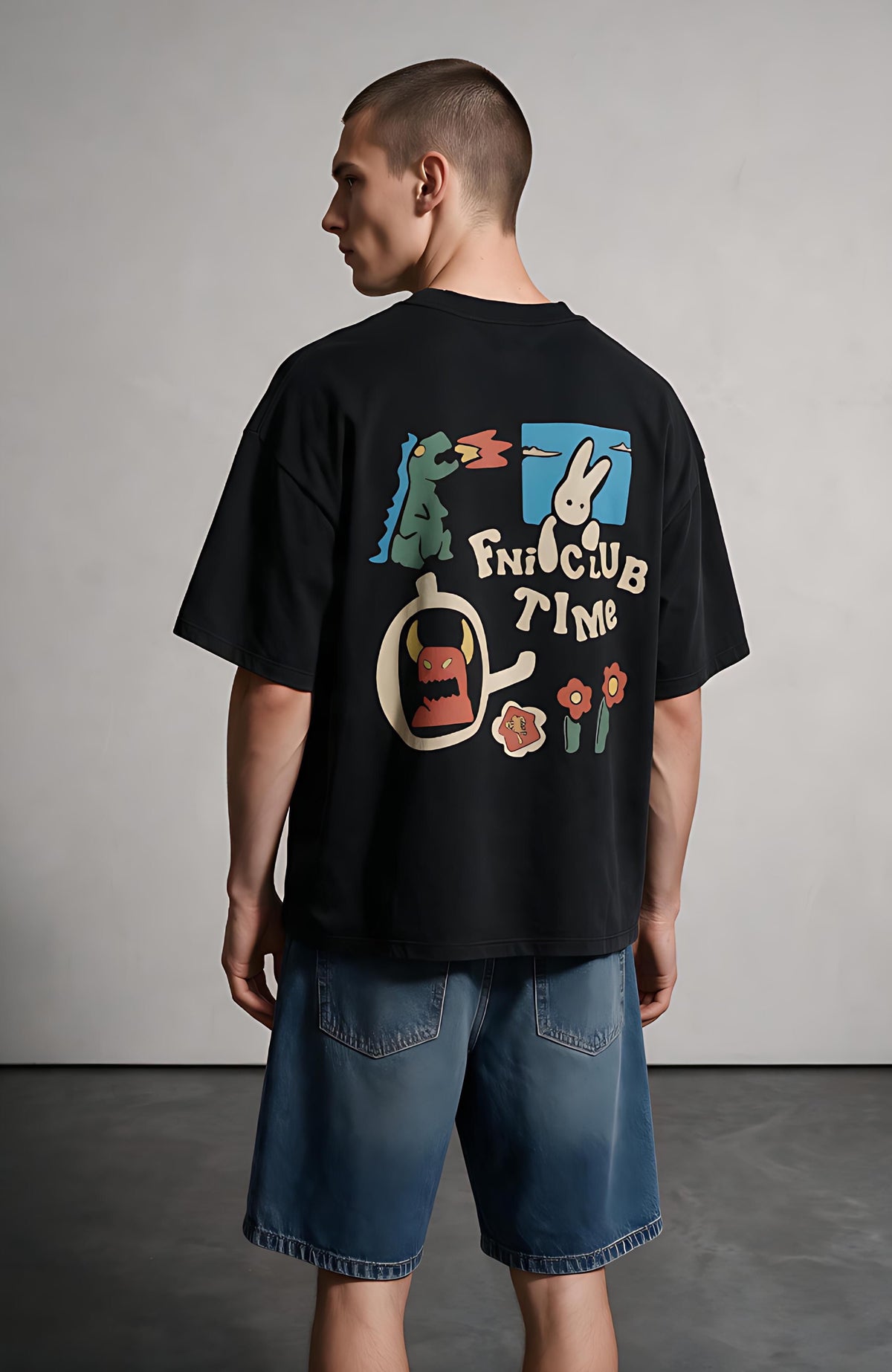 Fni Club oversized T-shirt by Truegods – on model, studio