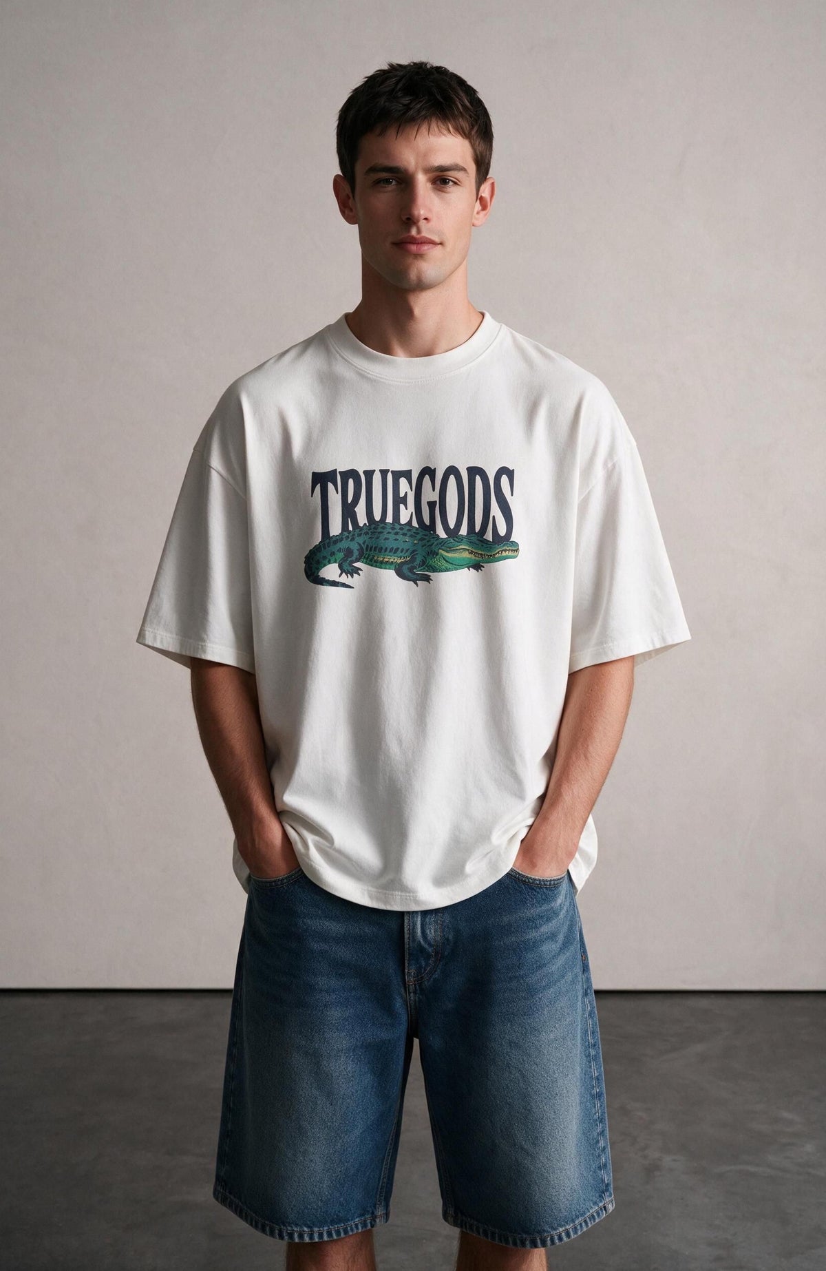 Gator oversized T-shirt by Truegods – on model, studio