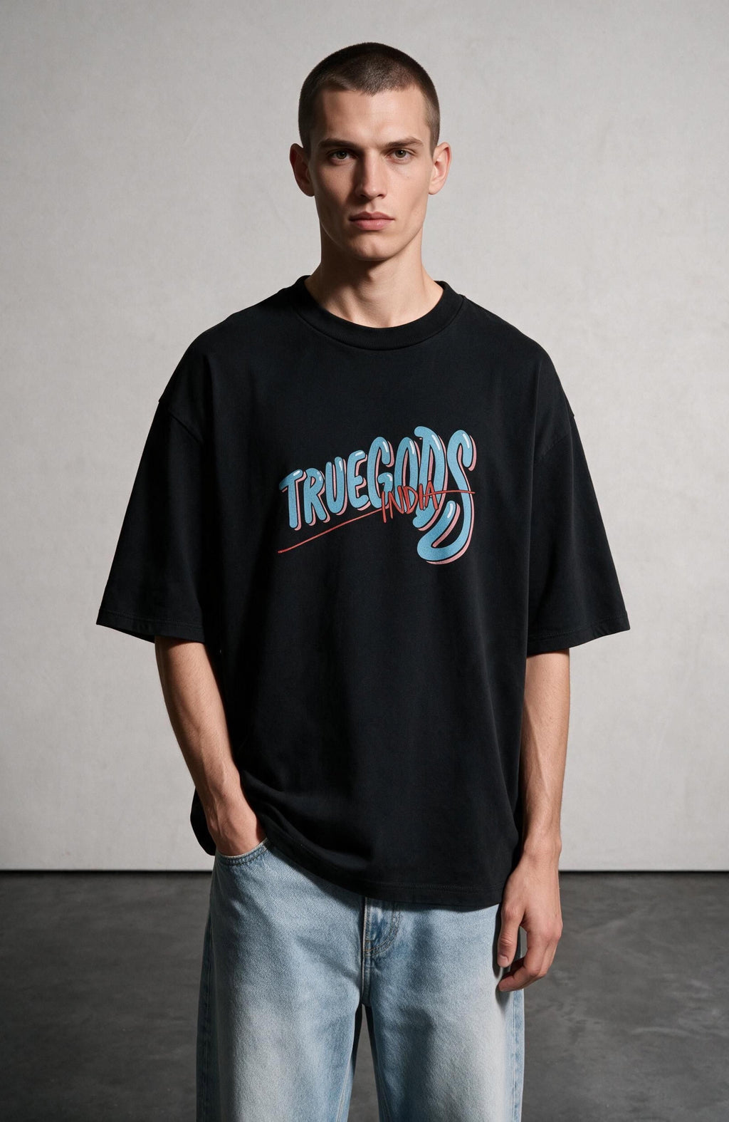 India Black oversized T-shirt by Truegods – on model, studio