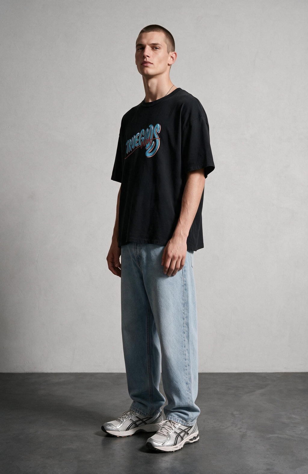 India Black oversized T-shirt by Truegods – on model, full look