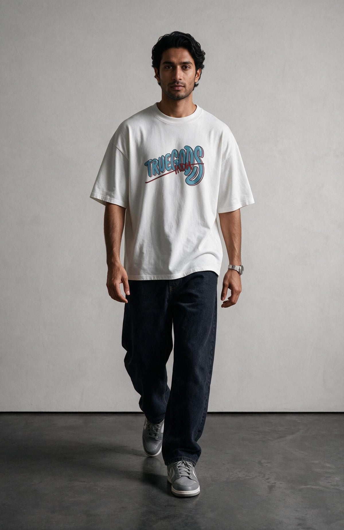 India White oversized T-shirt by Truegods – on model, full look