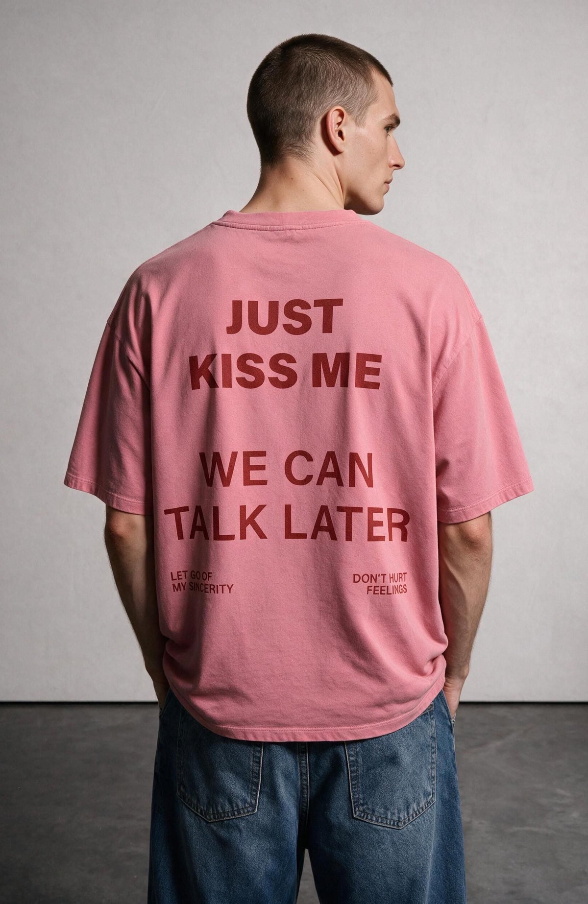 Just Kiss Me oversized T-shirt by Truegods – on model, studio