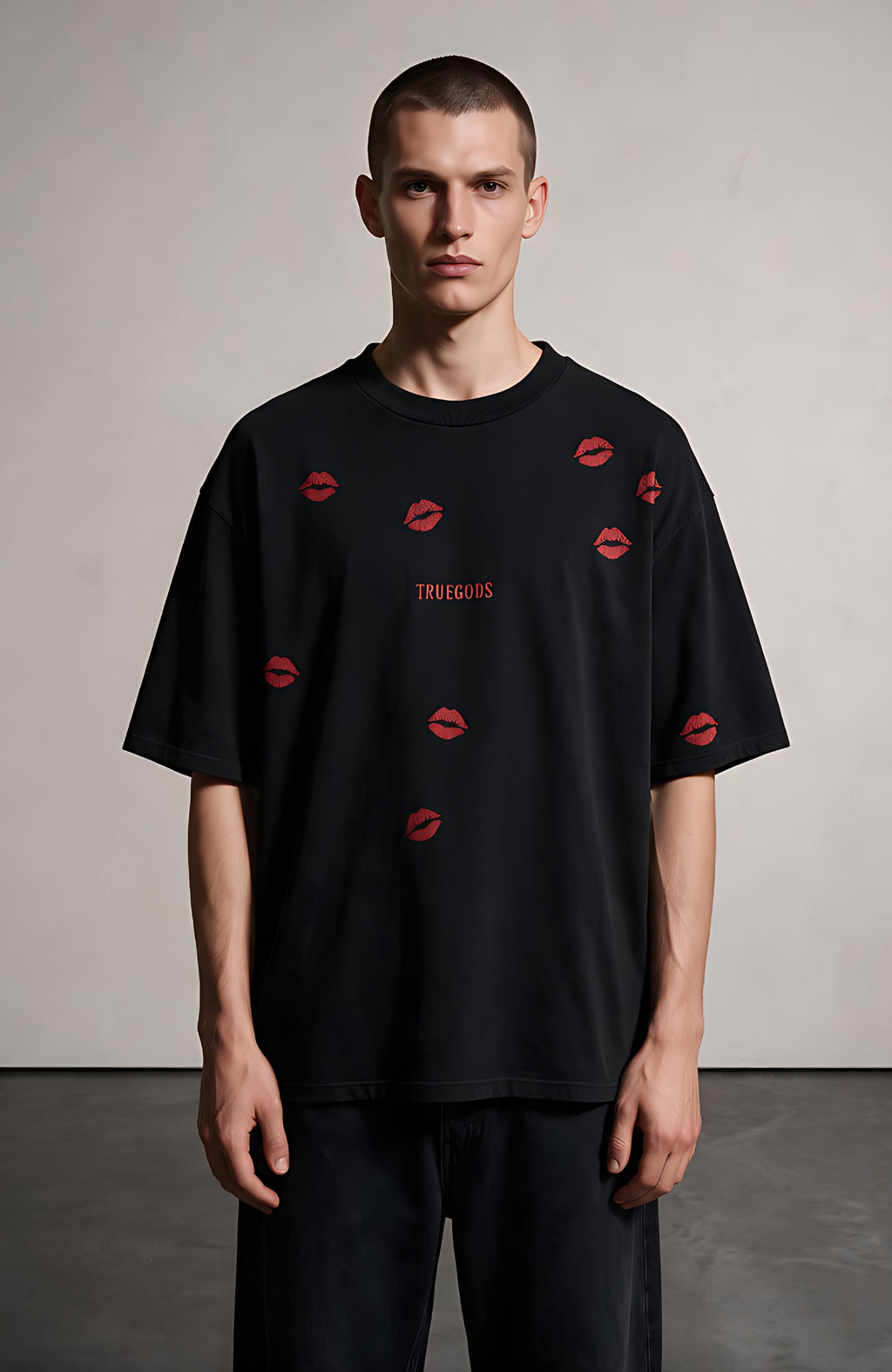 Kiss Marks oversized T-shirt by Truegods – on model, studio