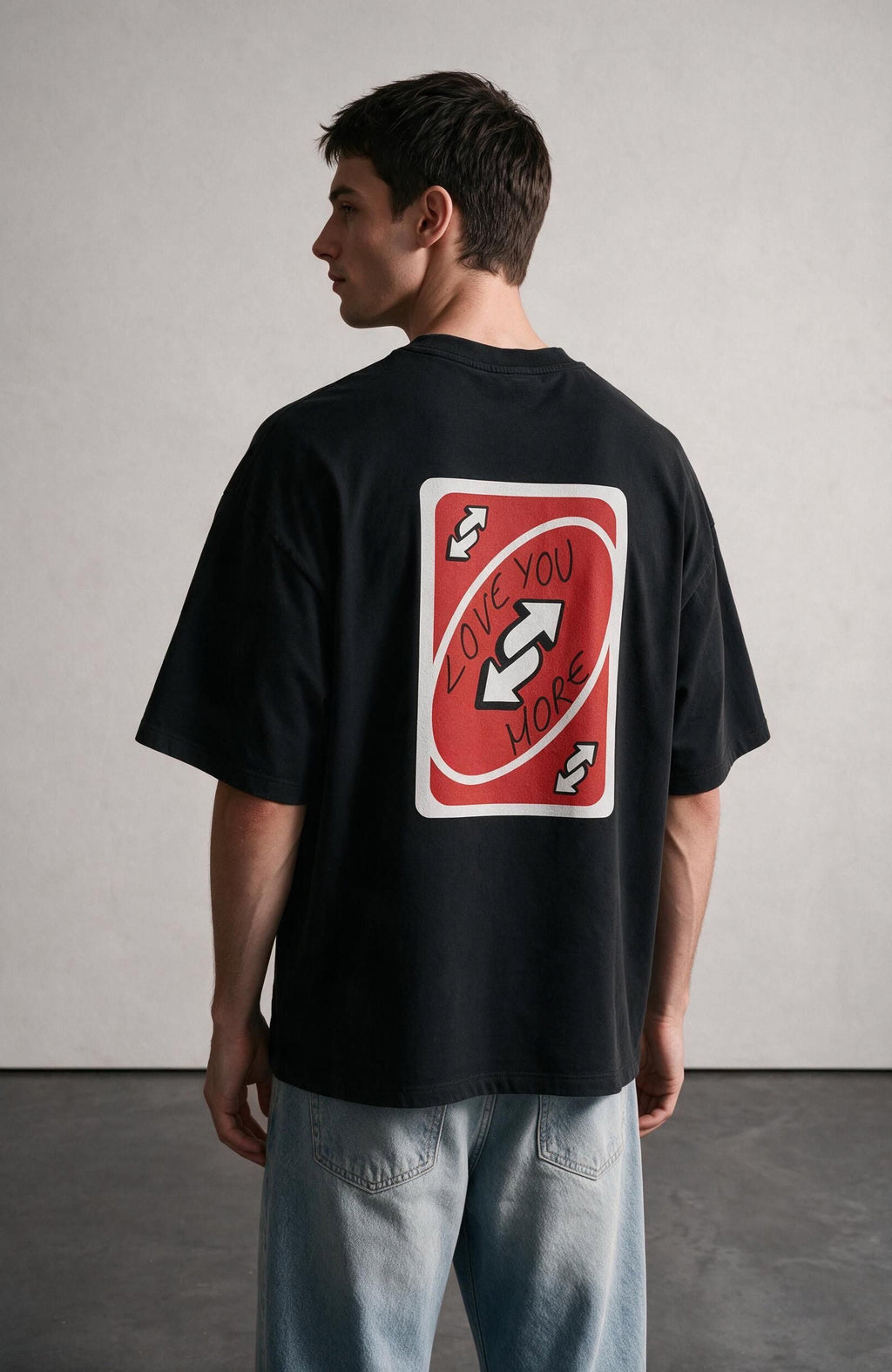 Love You More oversized T-shirt by Truegods – on model, studio