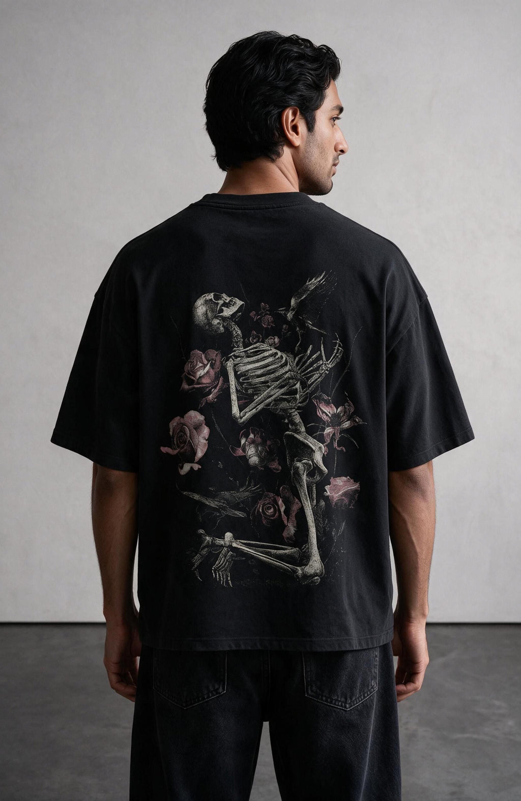 Mortality oversized T-shirt by Truegods – on model, studio