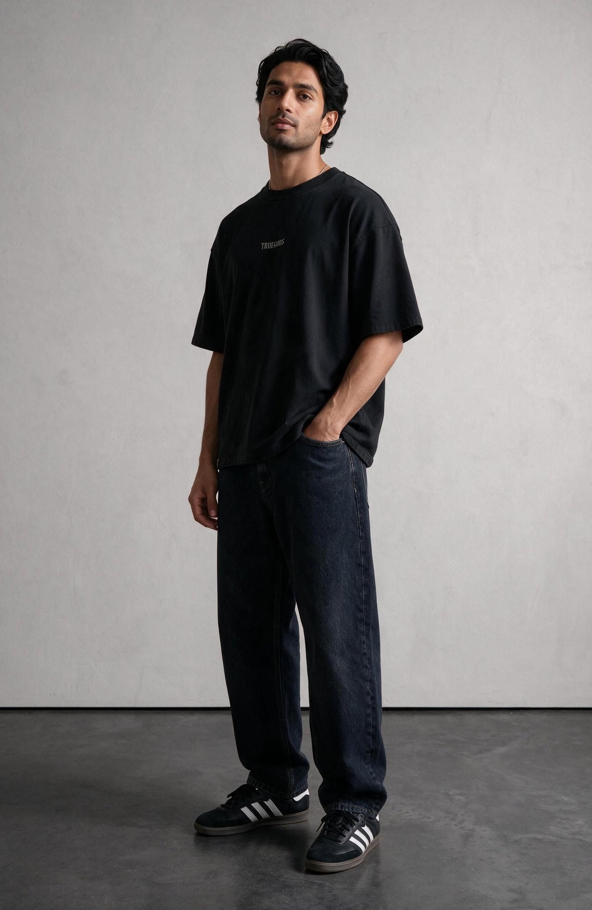Mortality oversized T-shirt by Truegods – on model, full look