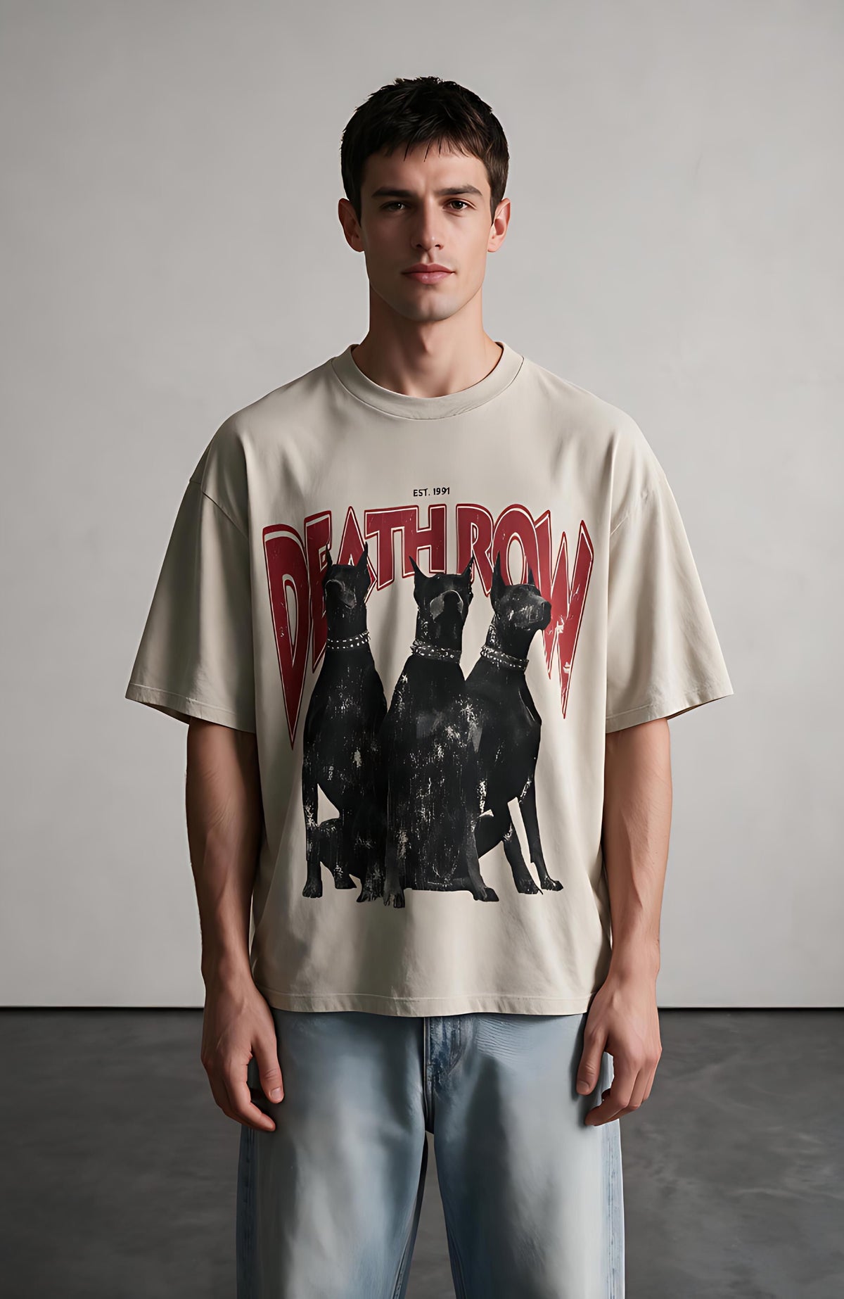 Row Dogs oversized T-shirt by Truegods – on model, studio