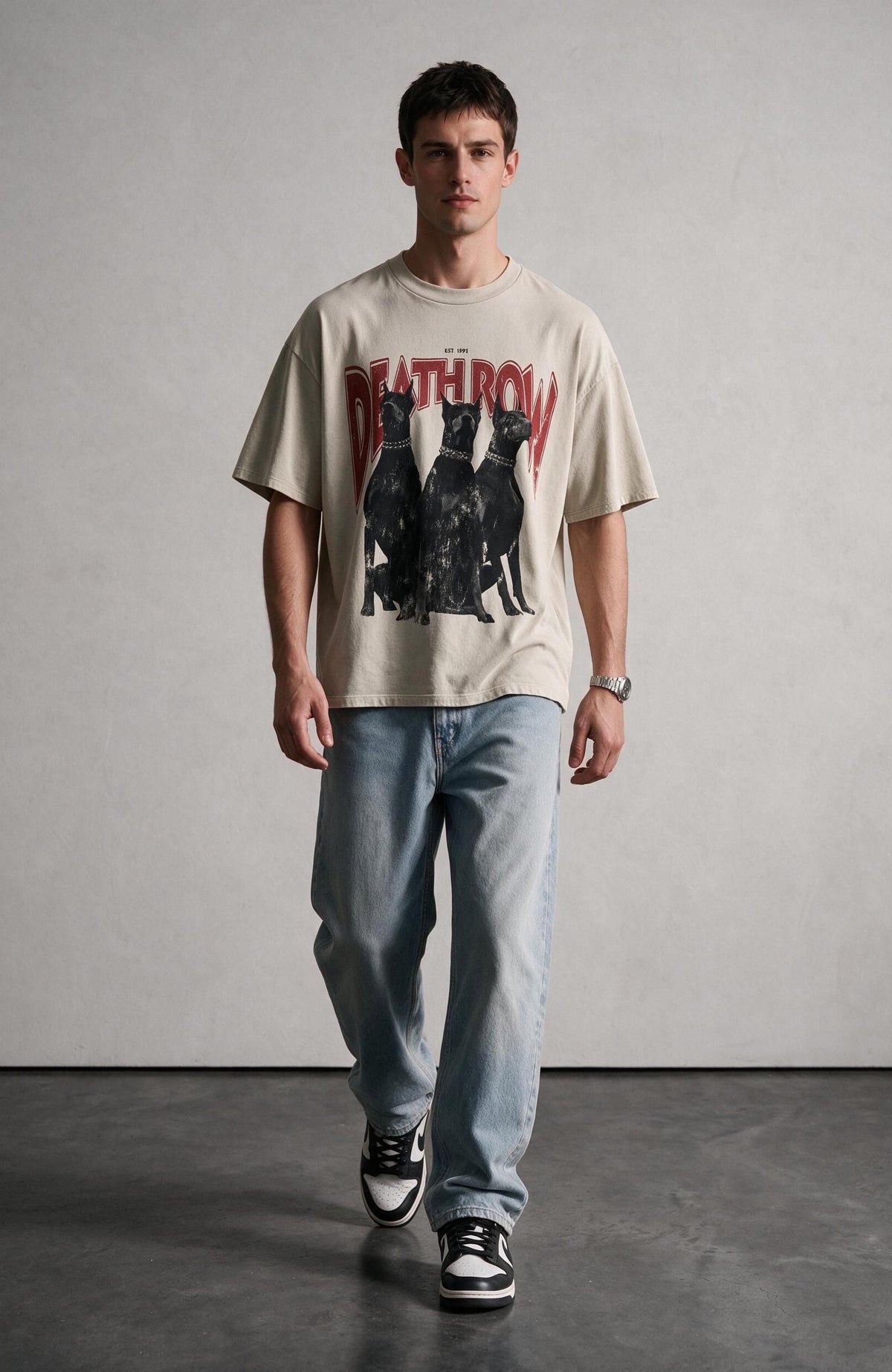 Row Dogs oversized T-shirt by Truegods – on model, full look