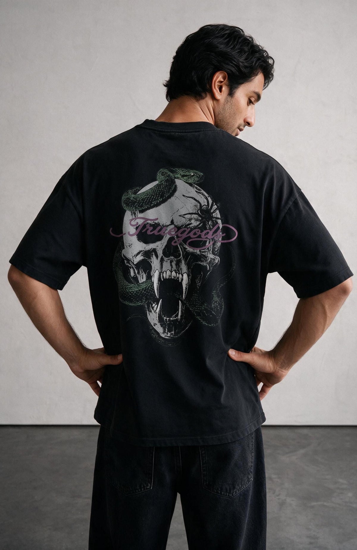 Serpent Skull oversized T-shirt by Truegods – on model, studio