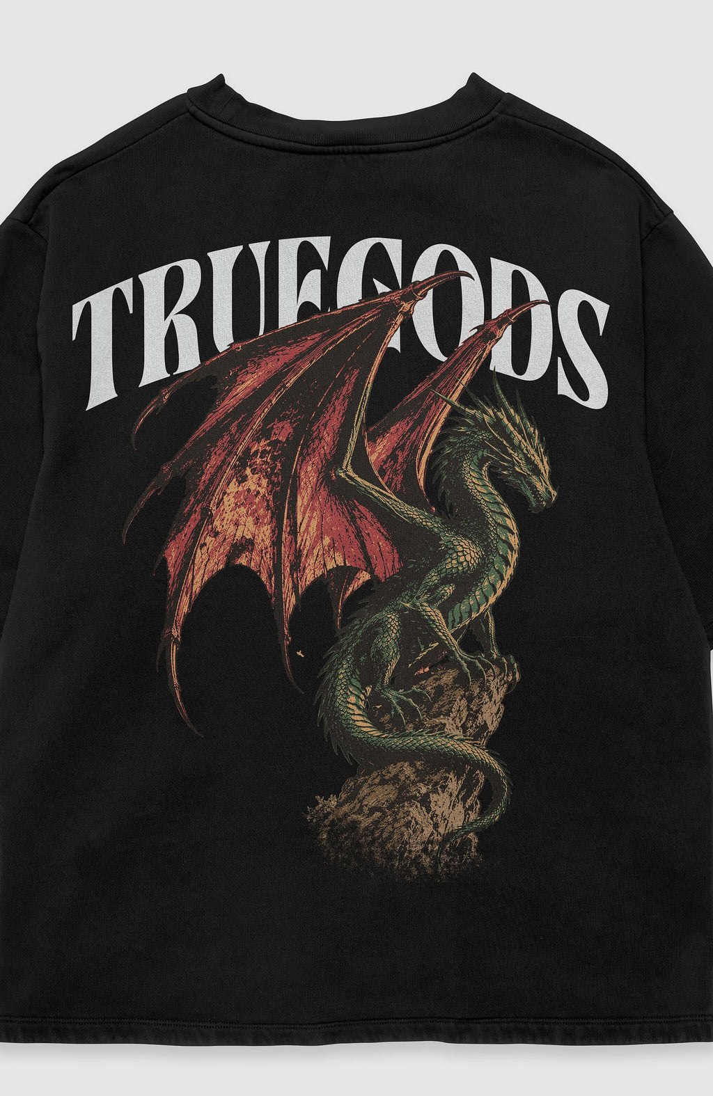 Wyvern T-shirt by Truegods – back print close-up, dragon and TRUEGODS lettering