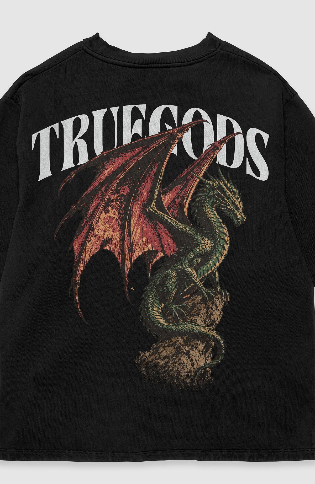 Wyvern T-shirt by Truegods – back print close-up, dragon and TRUEGODS lettering